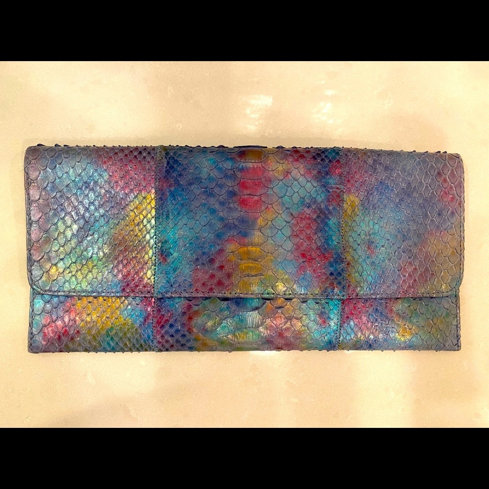 Carlos Falchi rainbow snake skin clutch